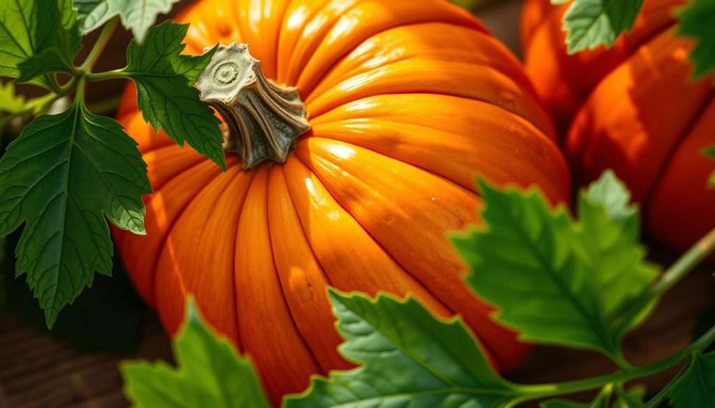 A vibrant, close-up image of a freshly harvested pumpkin, its rich orange hue glistening under soft, natural lighting. The pumpkin sits on a wooden surface, surrounded by lush, verdant leaves that frame the composition. The image conveys a sense of abundance, highlighting the nutritional benefits and versatility of this autumn staple. The lighting is warm and inviting, creating a cozy, homely atmosphere that emphasizes the importance of preserving this bountiful harvest. The pumpkin's surface is textured and detailed, capturing its natural beauty and the care taken in its cultivation. The overall composition is well-balanced, drawing the viewer's attention to the pumpkin as the central focus.