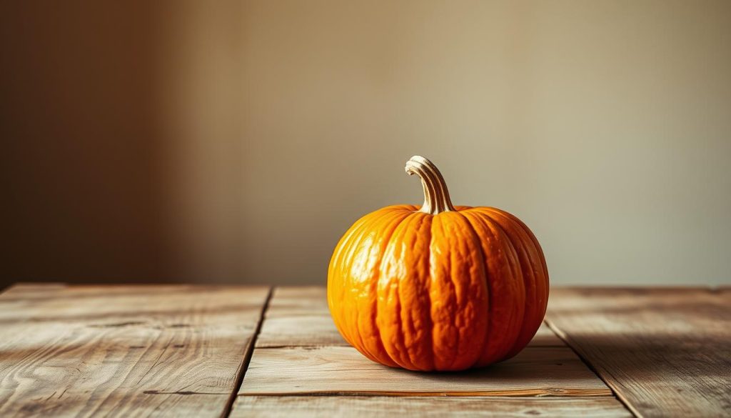 A weathered wooden table is the focal point, its surface gently worn by the passage of time. Atop it, a freshly harvested pumpkin, its deep orange hue and ridged exterior capturing the essence of autumn. Soft, diffused lighting casts a warm glow, accentuating the pumpkin's tactile qualities and casting subtle shadows that add depth and dimension. In the background, a simple, neutral-toned wall provides a clean, uncluttered backdrop, allowing the pumpkin to take center stage. The overall scene conveys a sense of rustic simplicity, highlighting the pumpkin's natural beauty and preparing the viewer for the preservation techniques to be explored in the article.