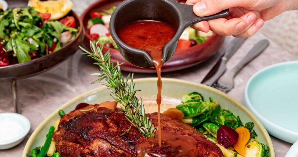 Sauce versée sur une pièce d’agneau rôtie entourée de légumes