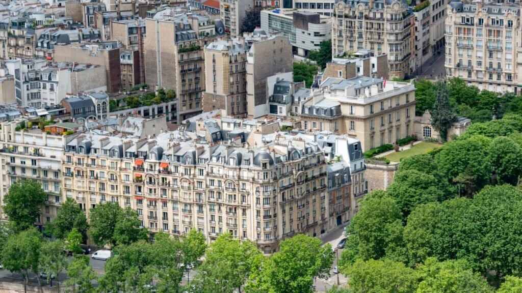 Vue aérienne de Paris entre toits et arbres