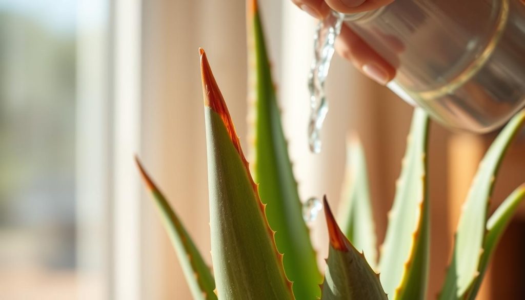 A close-up shot of a drooping, brown-tipped aloe vera plant being carefully watered by a human hand. The aloe leaves are displayed prominently in the foreground, with a soft, hazy background that suggests a warm, domestic indoor setting. The lighting is natural, casting gentle shadows and highlights that accentuate the plant's delicate texture. The angle is slightly elevated, creating a sense of intimacy and care as the hand tenderly administers the much-needed hydration. The overall mood is one of concern and attentiveness, reflecting the section title's focus on understanding why the aloe vera's leaves have become discolored.
