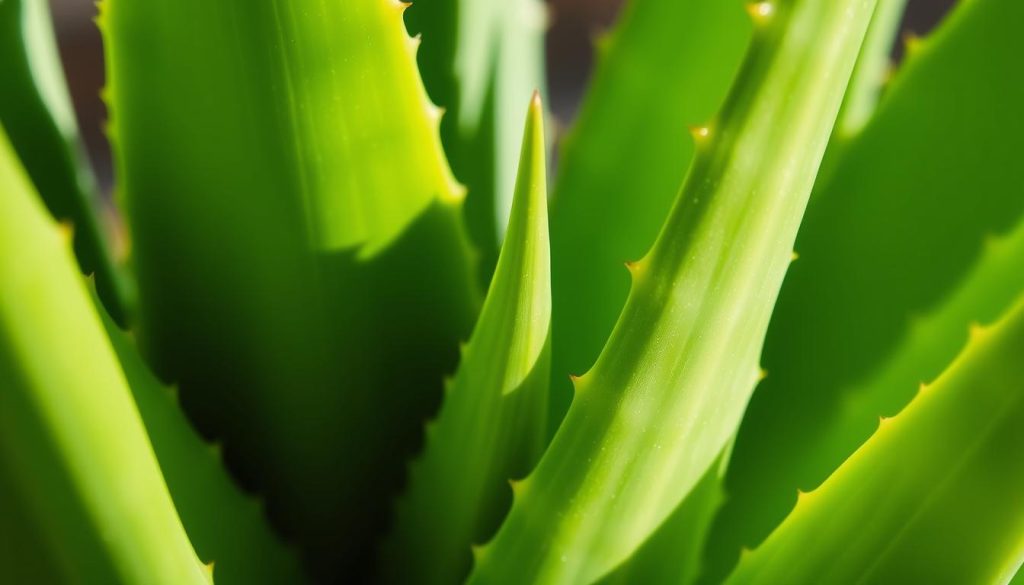 A close-up view of the lush, vibrant leaves of an aloe vera plant. The leaves are thick and fleshy, with a bright green hue and a slight translucent quality, allowing the sunlight to gently illuminate their edges. The surface of the leaves is smooth and waxy, with delicate, defined veins running through them. The composition focuses on a few key leaves, capturing their intricate textures and shapes in a soft, natural lighting that casts subtle shadows, creating depth and dimension. The background is blurred, allowing the viewer to concentrate on the captivating details of the aloe vera foliage.