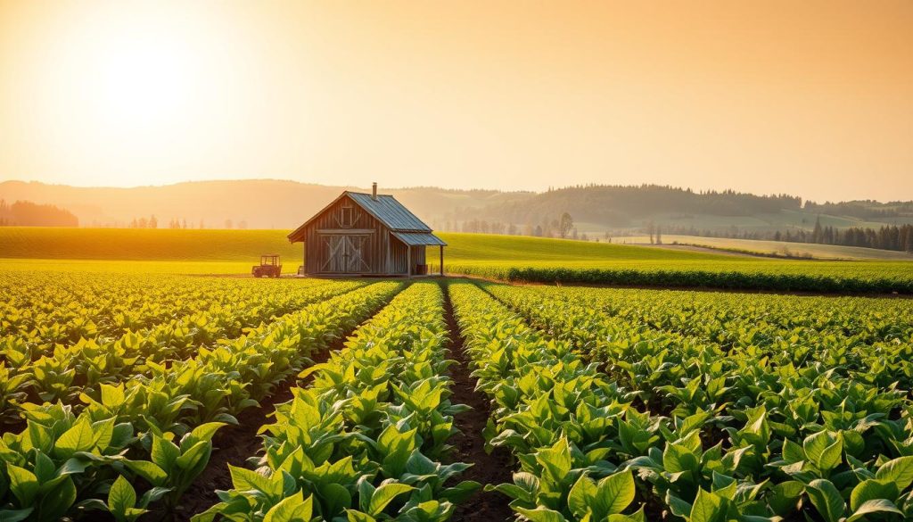 A lush, verdant field stretches out under a warm, golden sun. In the foreground, rows of healthy, thriving crops sway gently in a light breeze. Scattered among the plants, sustainable farming tools and equipment are neatly arranged, symbolizing the harmonious integration of technology and nature. In the middle ground, a small, well-maintained farmhouse with a traditional design stands, its weathered wooden facade complementing the rustic, earthy tones of the landscape. Surrounding the farm, rolling hills and distant forests create a picturesque, pastoral scene, conveying a sense of balance and ecological harmony. The overall atmosphere evokes a tranquil, regenerative vision of sustainable agriculture, capturing the essence of a durable, eco-friendly farming practice.