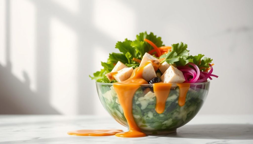 A vibrant, appetizing poke bowl with a homemade sauce takes center stage against a minimalist, light-filled backdrop. In the foreground, a delicate balance of fresh greens, tender cubes of marinated tofu, and colorful vegetables are dressed in a creamy, savory sauce. The sauce's hue is a rich, golden-amber, glistening under soft, natural lighting that accentuates its smooth, velvety texture. The overall composition radiates a sense of health, simplicity, and culinary expertise, inviting the viewer to savor the nourishing, flavorful harmony of this poke bowl masterpiece.