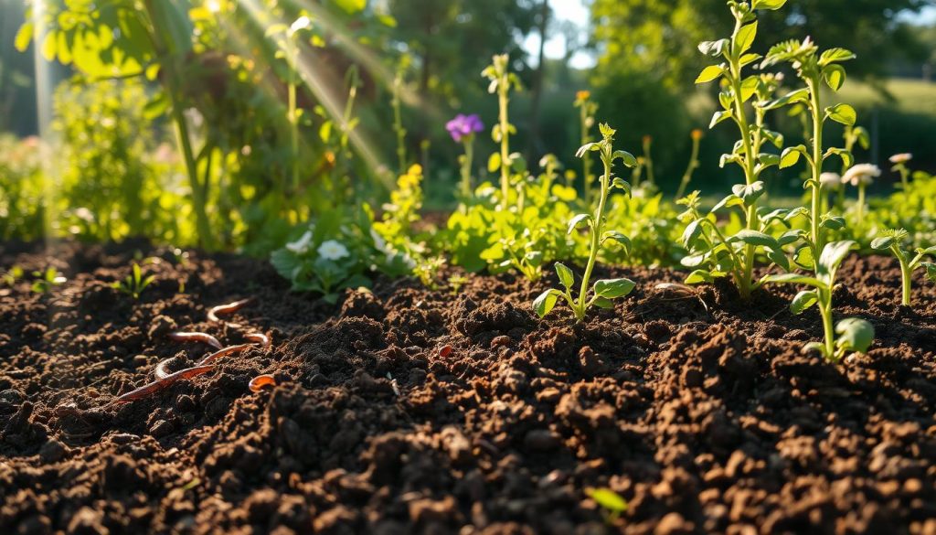 A lush, verdant garden in warm afternoon sunlight. At the center, a thriving and vibrant "sol vivant" - a living, fertile soil teeming with microbial life. Earthworms burrow, roots reach deep, and a diversity of plants stand tall and strong. Sunbeams filter through the canopy, casting a soft, golden glow. In the foreground, textured soil and decomposing organic matter. In the middle ground, a mix of flowering plants, herbs, and vegetables in full bloom. The background fades into a blurred landscape, hinting at the garden's larger context. The overall mood is one of abundance, growth, and the vitality of a healthy, living ecosystem.