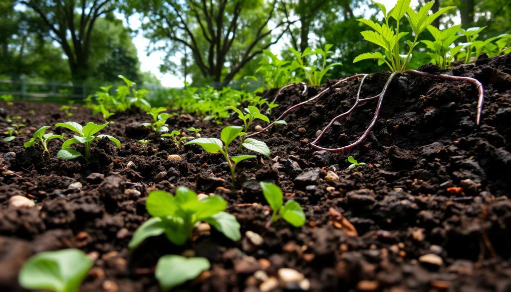 A lush, verdant garden soil in France, teeming with rich, organic matter and minerals. The foreground features a close-up view of the soil's texture, revealing its dark, crumbly composition interspersed with small pebbles and delicate root systems. The middle ground showcases a variety of healthy plant life, their vibrant green leaves and stems emerging from the nourishing earth. In the background, a gentle, diffused light filters through a canopy of trees, casting a warm, natural glow over the entire scene. The overall atmosphere conveys a sense of balance, fertility, and the harmonious relationship between the land and its inhabitants.