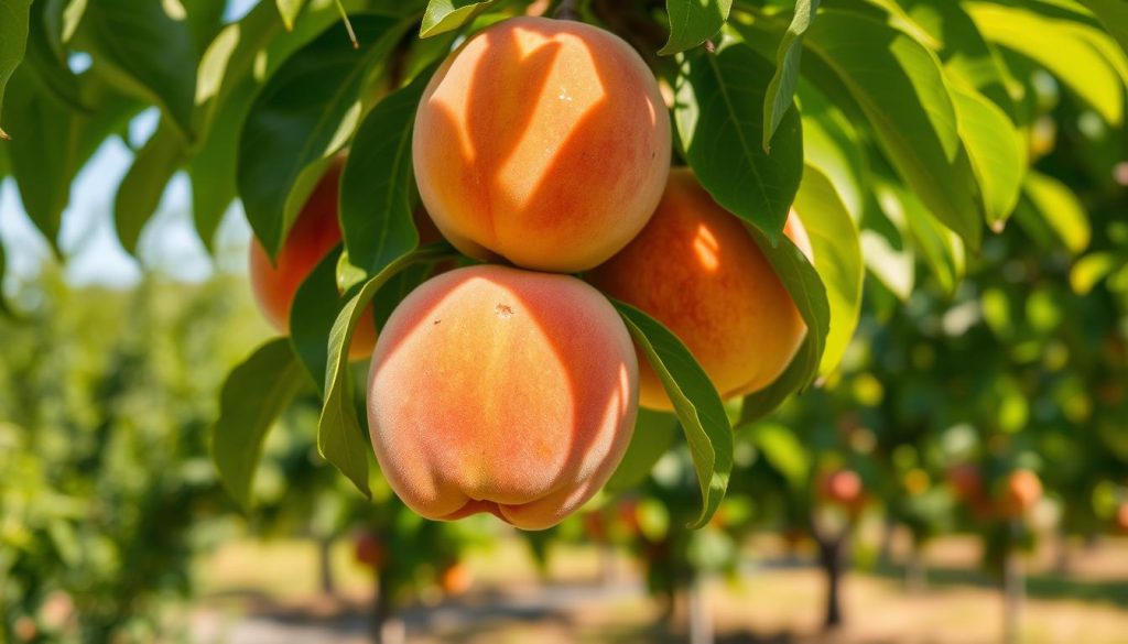 A close-up view of ripe, juicy peaches hanging from lush green branches of an organic fruit tree in Nancy. The foreground features plump, sun-kissed peaches with their soft, fuzzy skin glistening under the warm morning sunlight, casting gentle shadows on the leaves. In the middle ground, the vibrant green foliage provides a rich contrast, highlighting the fruit. The background showcases a serene garden environment with soft-focus organic fruit trees, enhancing the sense of local biodiversity. The lighting is warm and inviting, suggesting a pleasant late summer day. The overall mood is fresh and earthy, evoking the essence of a thriving, sustainable orchard.