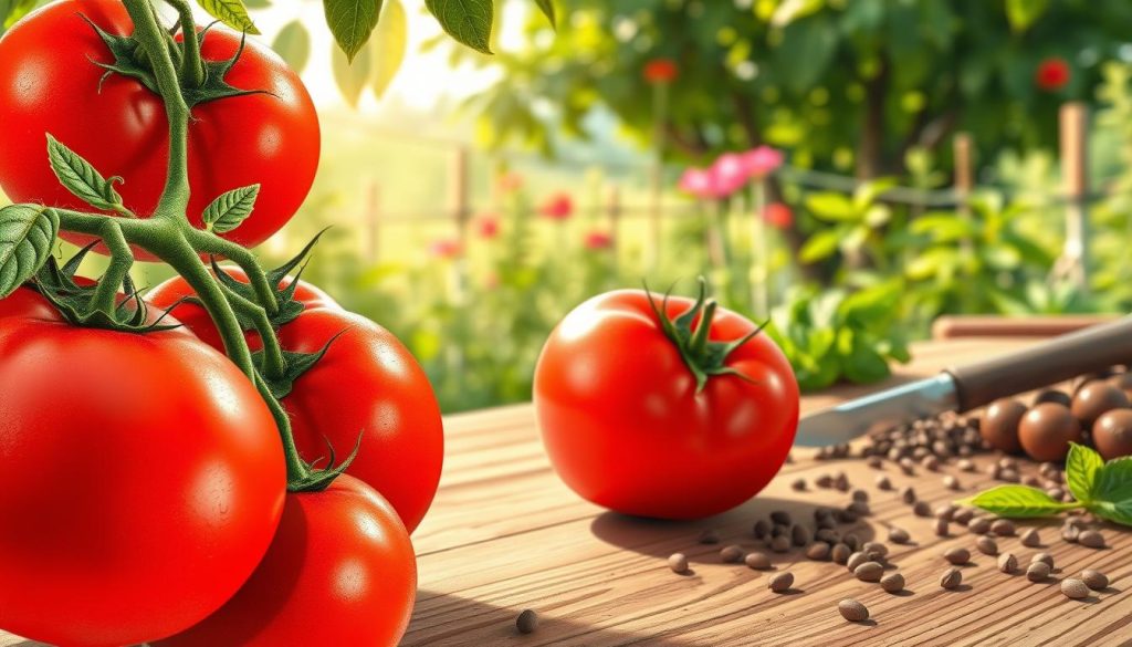 A vibrant and detailed illustration of "Belle Lorraine" tomatoes, showcasing their rich, deep red color and glossy texture. In the foreground, a cluster of ripe tomatoes with a few leaves still attached, glistening with morning dew. In the middle ground, a rustic wooden table adorned with scattered seeds and gardening tools, highlighting the journey from seed to plate. The background features a soft-focus garden with green foliage and sunlight filtering through the leaves, creating a warm and inviting atmosphere. The lighting is bright and natural, reflecting a sunny day. The image captures the essence of organic farming and the beauty of Lorraine’s unique tomato varieties, evoking a sense of freshness and vitality.