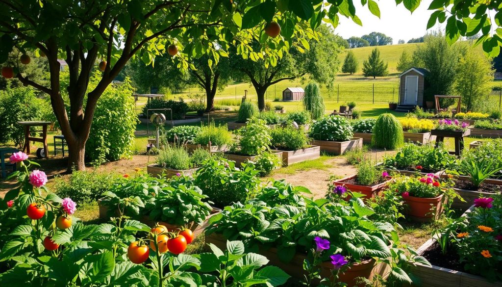 A vibrant permaculture garden in a sunny, serene setting, showcasing various layers of plant life. In the foreground, lush green vegetables like tomatoes, peppers, and leafy greens are neatly arranged in raised beds, accompanied by colorful flowers attracting pollinators. The middle ground features a diverse array of herbs, companion plants, and a small compost area, emphasizing biodiversity. In the background, a gentle slope adorned with fruit trees provides shade and nourishment, while a distant garden shed adds charm. The atmosphere is peaceful, with soft sunlight filtering through the leaves, creating dappled shadows. The image should evoke a sense of harmony with nature, framed from a slightly elevated angle to capture the layout and design intricacies of a beginner-friendly permaculture garden.