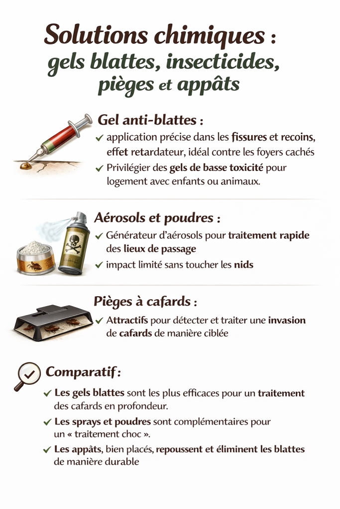 Solutions chimiques  gels blattes, insecticides, pièges et appâts