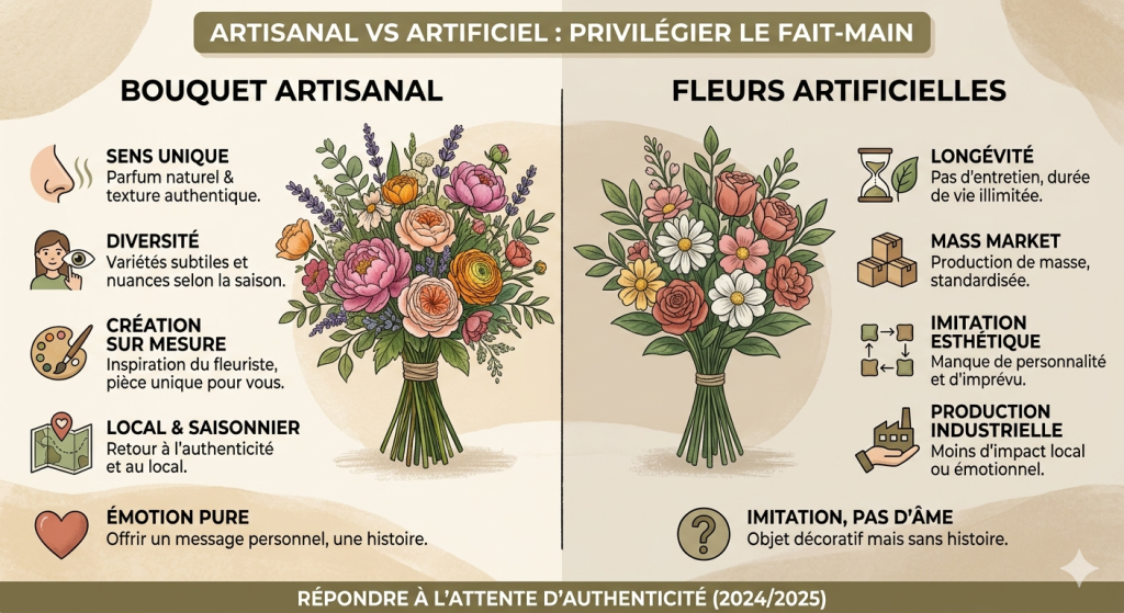 Bouquet artisanal vs fleurs artificielles : pourquoi privilégier le fait-main ?