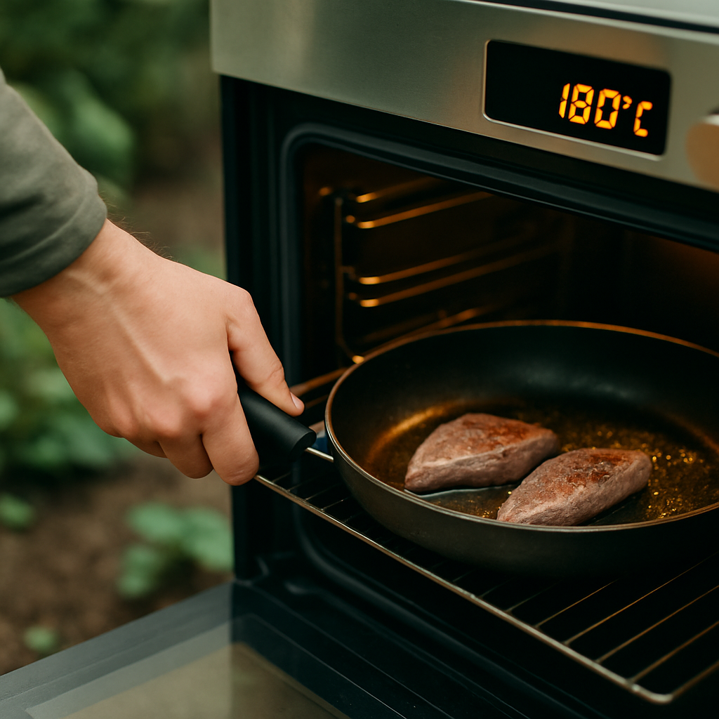 Pour cuire au four, préchauffez à 180°C (chaleur tournante). Après un aller-retour bref en poêle, te