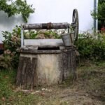 Vieux puits en pierre avec seau métallique au milieu d'un jardin verdoyant