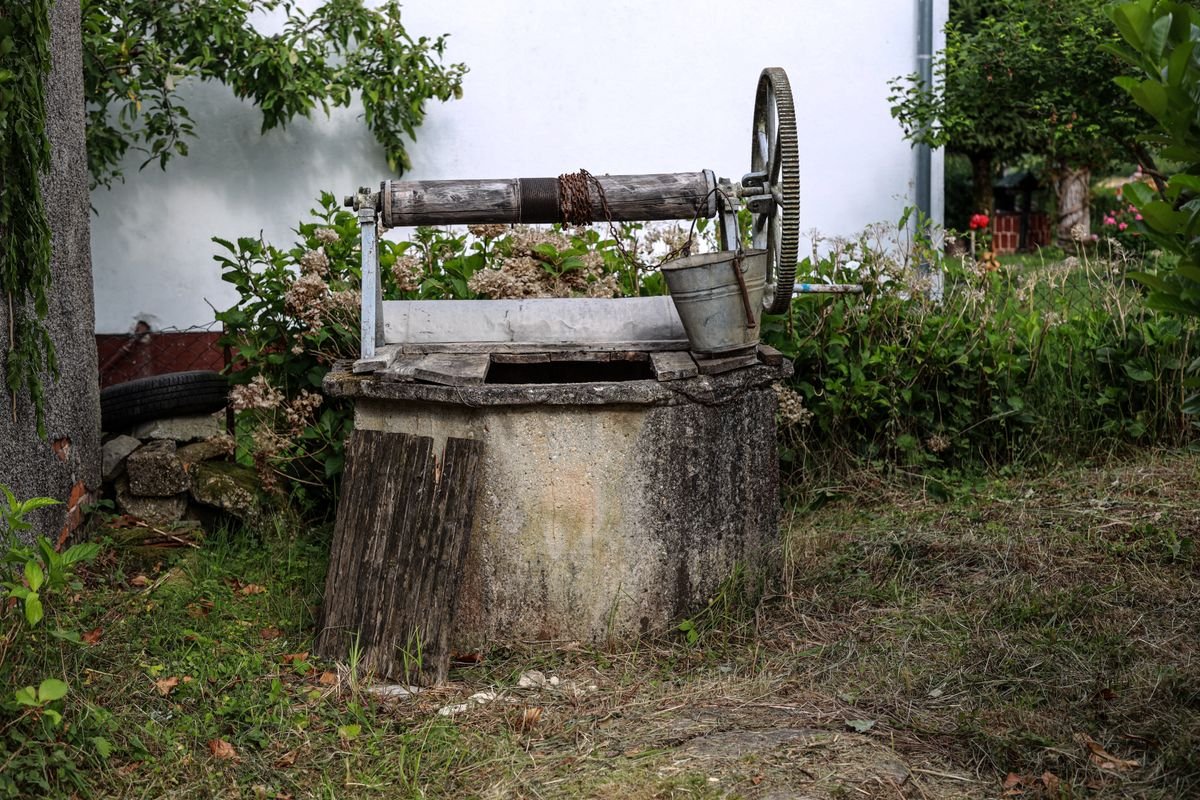 Vieux puits en pierre avec seau métallique au milieu d'un jardin verdoyant