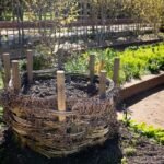 Composteur tressé en osier dans un jardin verdoyant
