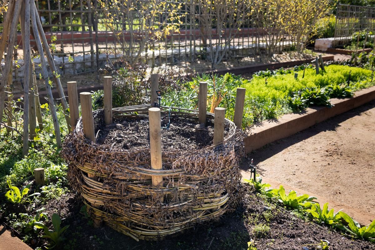 Composteur tressé en osier dans un jardin verdoyant