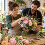 Apprentie fleuriste composant un bouquet de pivoines et de roses sous le regard d'un formateur, en atelier
