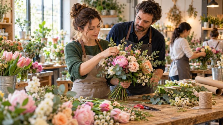 Apprentie fleuriste composant un bouquet de pivoines et de roses sous le regard d'un formateur, en atelier